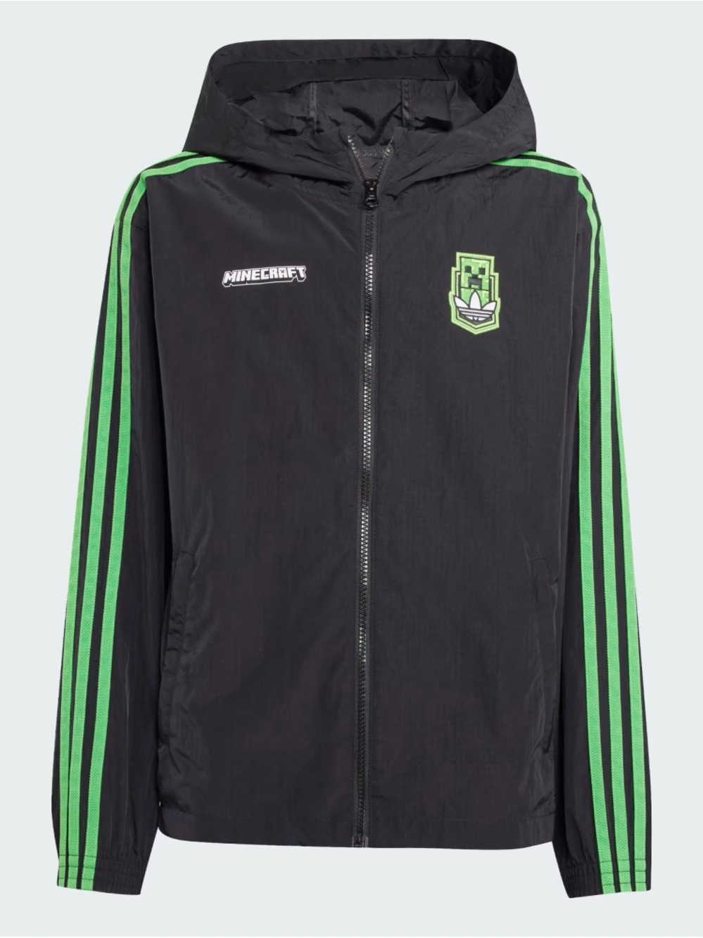 Adidas x Minecraft Kids’ Windbreaker Black w/ Neon Green Sidestripe – Size Small